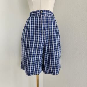 Vintage 90s Blue White Plaid High Waisted Wide Leg Cotton Mom Shorts Russ S
